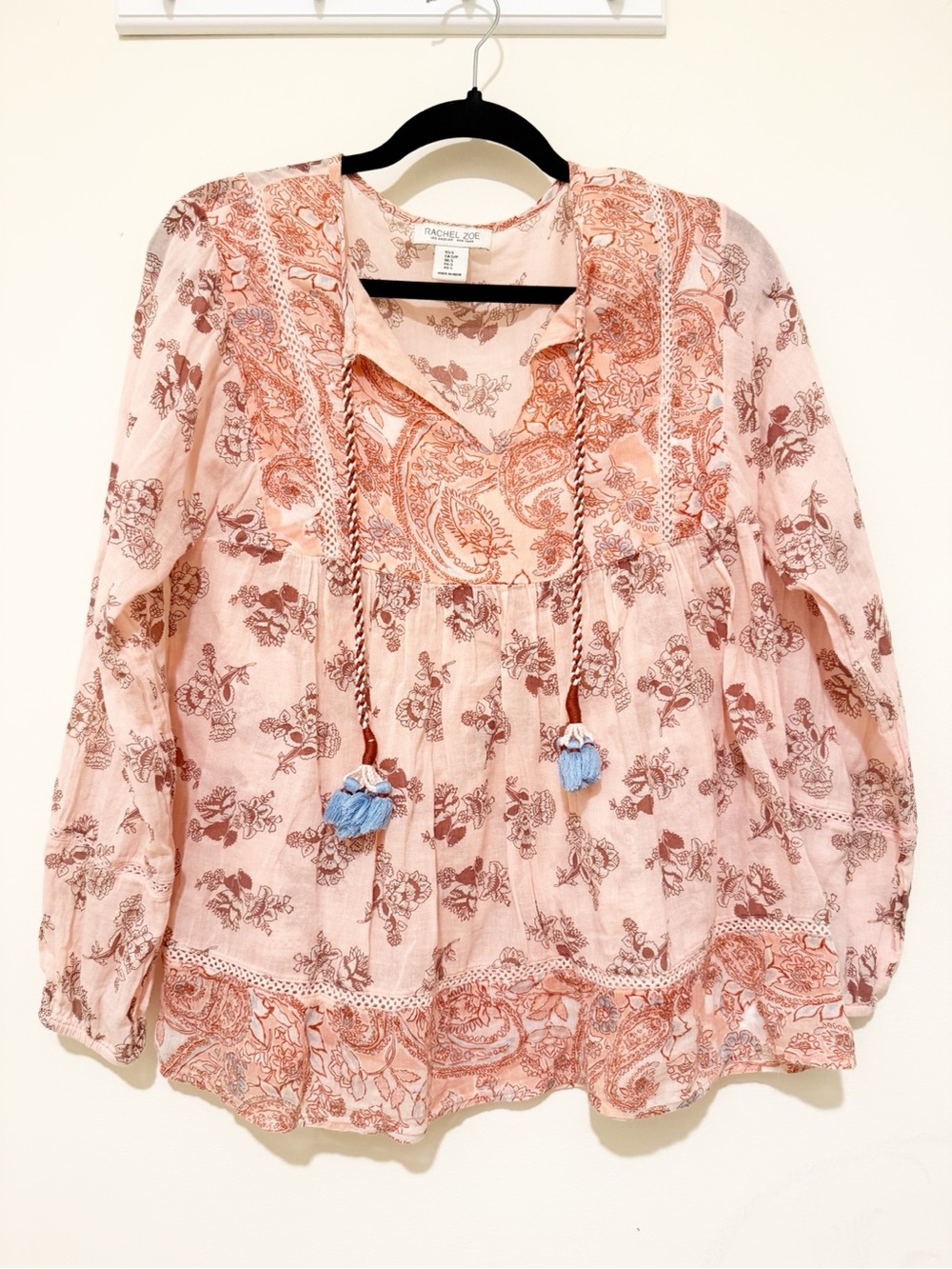 Rachel Zoe Blush Pink Paisley Tassel Peasant Top